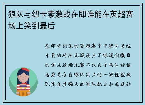 狼队与纽卡素激战在即谁能在英超赛场上笑到最后